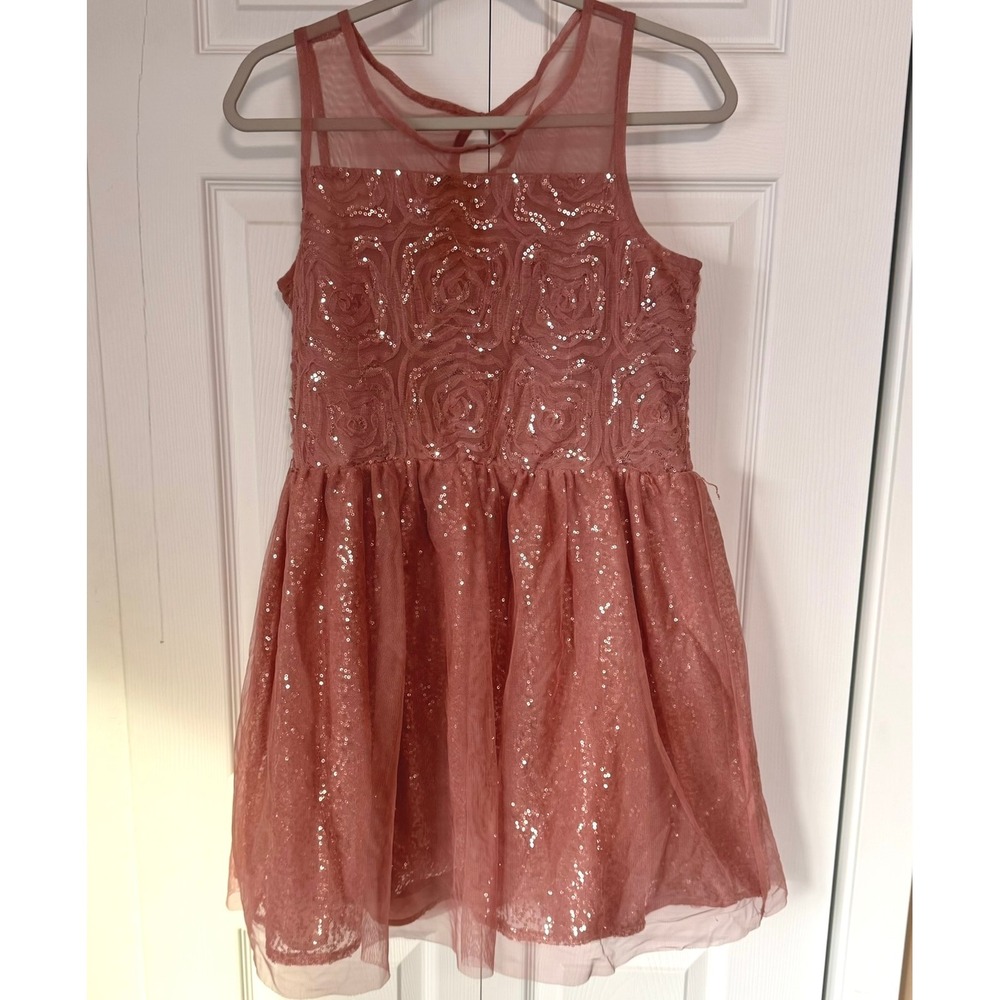 Justice Girls Rose Sequin Tulle Party Dress Size 20 Rose Gold Sparkly